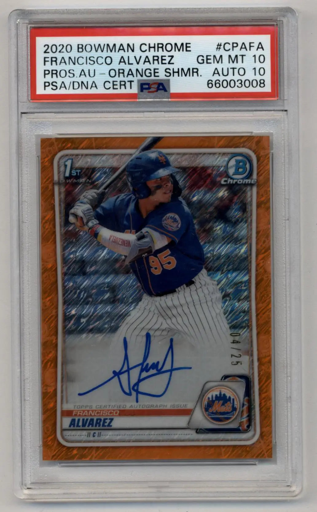 Francisco Alvarez 2020 Bowman Chrome Prospect Auto Orange Refractors 04/25 PSA 10 Gem Mint Auto 10 - Singles