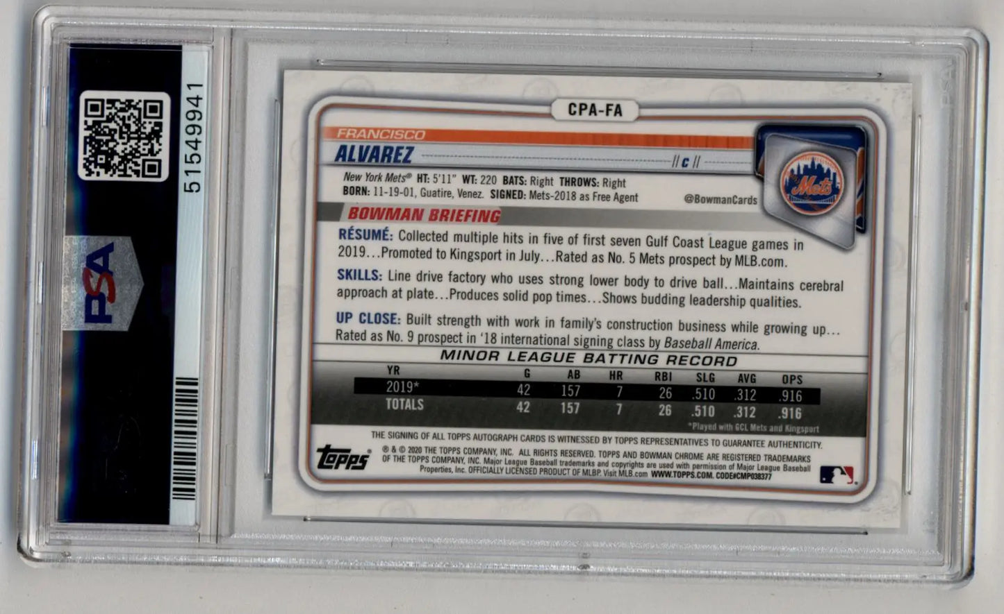 Slabbed 2019 Bowman Chrome Francisco Alvarez baseball card for Bowman Chrome prospects