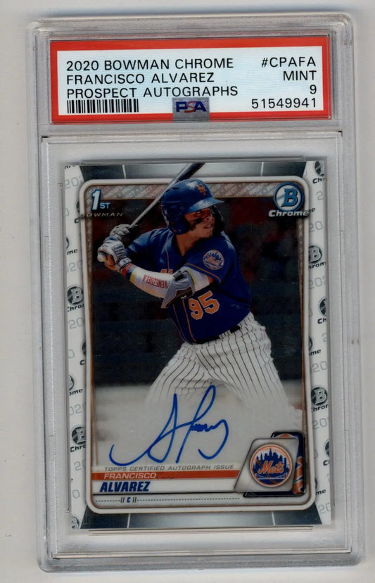 A graded 2020 Bowman Chrome Francisco Alvarez Prospect Autographs baseball card in PSA 9 Mint