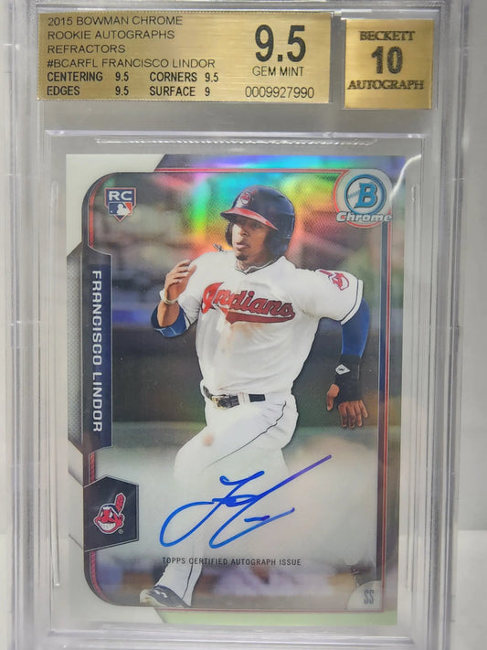Graded Francisco Lindor 2015 Bowman Chrome Rookie Refractor Auto card with autograph