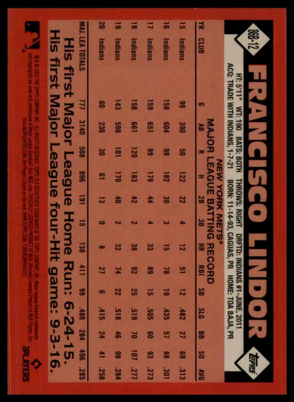 Baseball card back featuring Francisco Lindor from 2021 Topps 1986 Topps Anniversary
