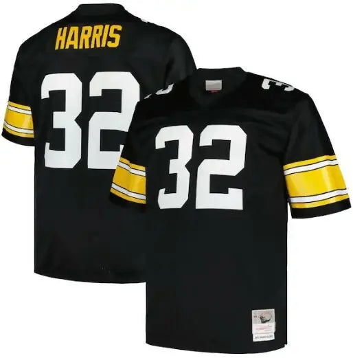 Black Franco Harris Pittsburgh Steelers jersey with yellow and white stripes and player number 32