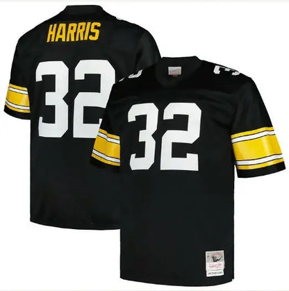 Black football jerseys with yellow and white accents for Franco Harris Steelers replica jersey