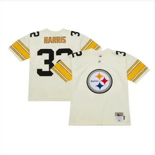 Cream-colored Franco Harris Pittsburgh Steelers jersey with HARRIS and number 32 on the back