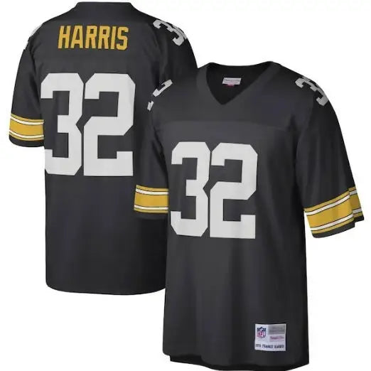 Black Franco Harris Pittsburgh Steelers Legacy Replica Jersey with Harris and 32 in white and yellow