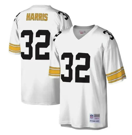 White Franco Harris Pittsburgh Steelers Legacy Replica Jersey with black numbers and gold sleeve stripes