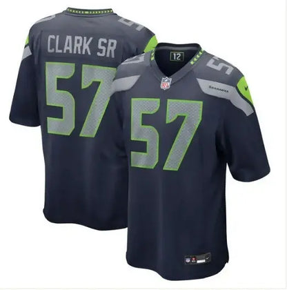 Dark blue Frank Clark Seattle Seahawks Nike Game Jersey with green 57 on front and SR on back