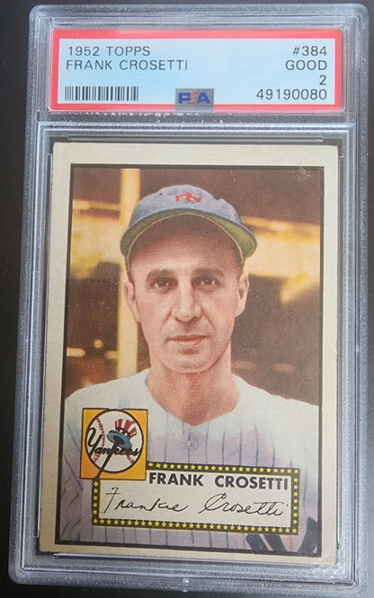 PSA-graded 1952 Topps Frank Crosetti #384 baseball card in protective case