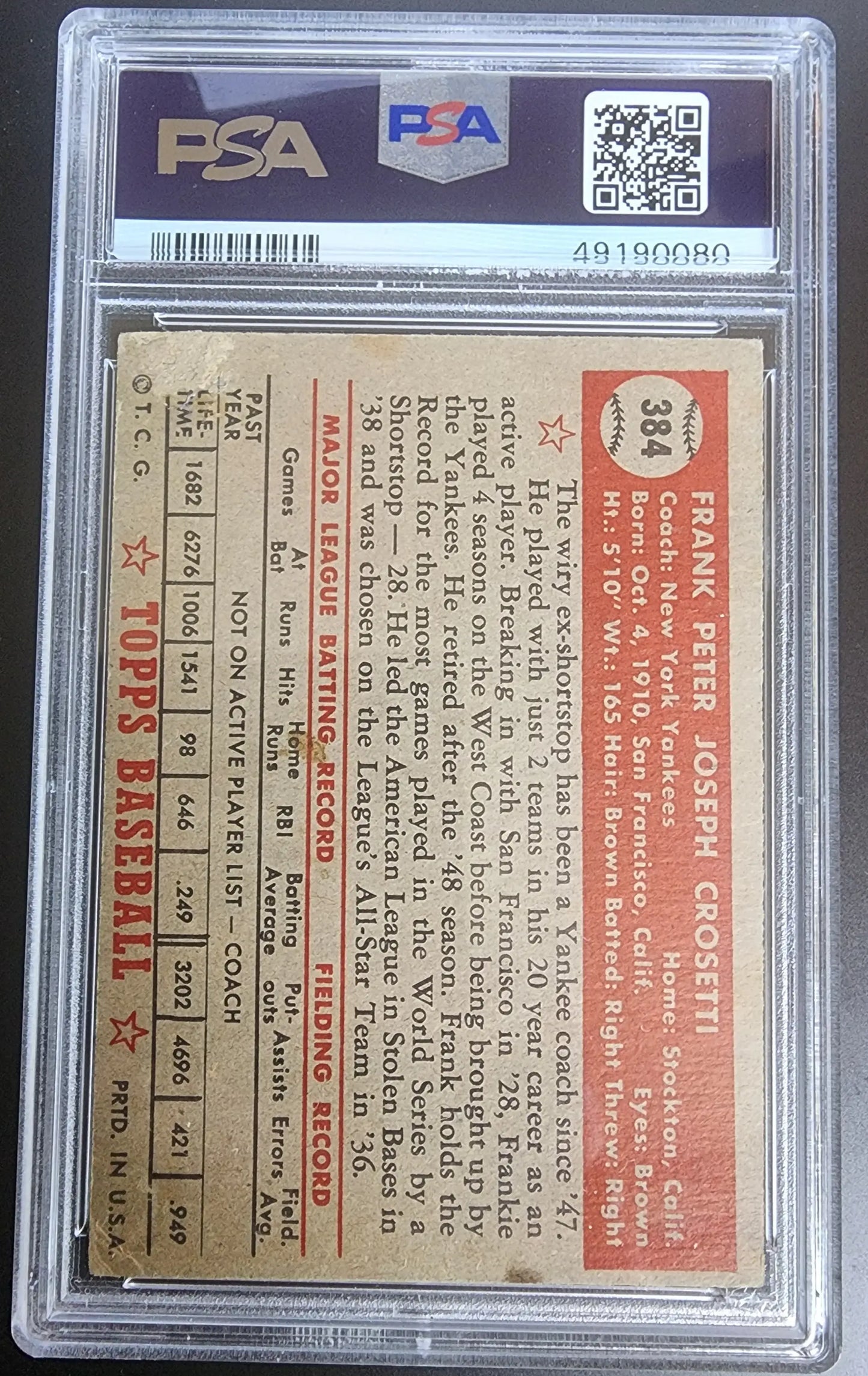 PSA-graded Frank Crosetti 1952 Topps #384 vintage baseball card back with statistics