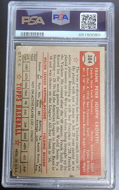 PSA-graded Frank Crosetti 1952 Topps #384 vintage baseball card back with statistics