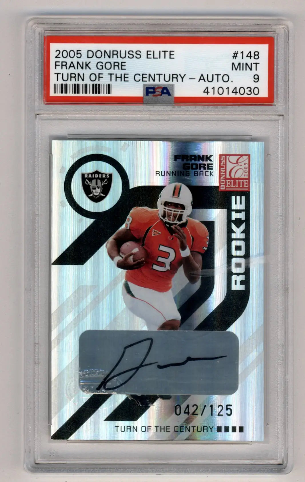 PSA 9 Mint Frank Gore 2005 Donruss Elite Turn of the Century Auto card 042/125