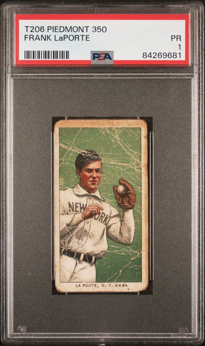 Vintage Frank Laporte T206 Piedmont trading card in throwing pose, graded PSA 1 Poor
