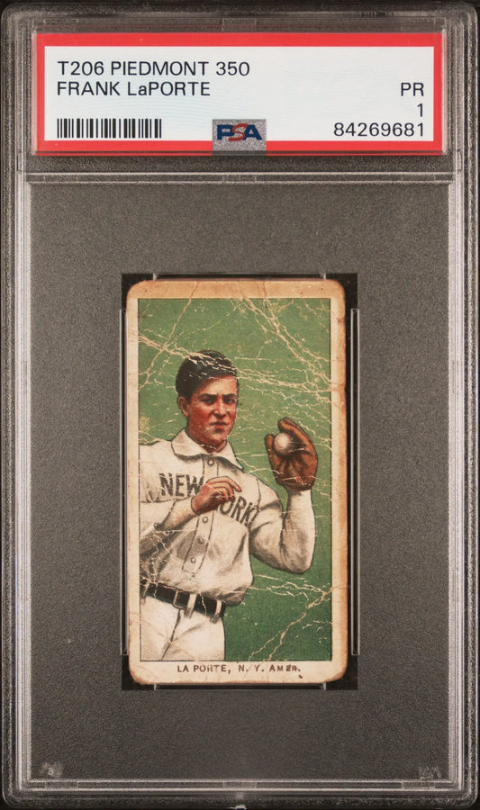 Vintage Frank Laporte T206 Piedmont trading card in throwing pose, graded PSA 1 Poor