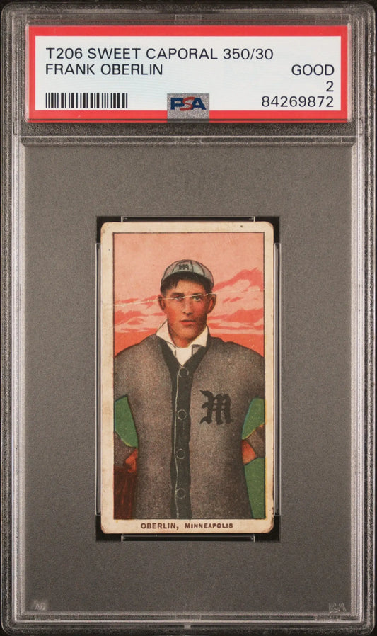 Frank Oberlin 1909-11 T206 Sweet Caporal card in gray Detroit uniform with pink sky background