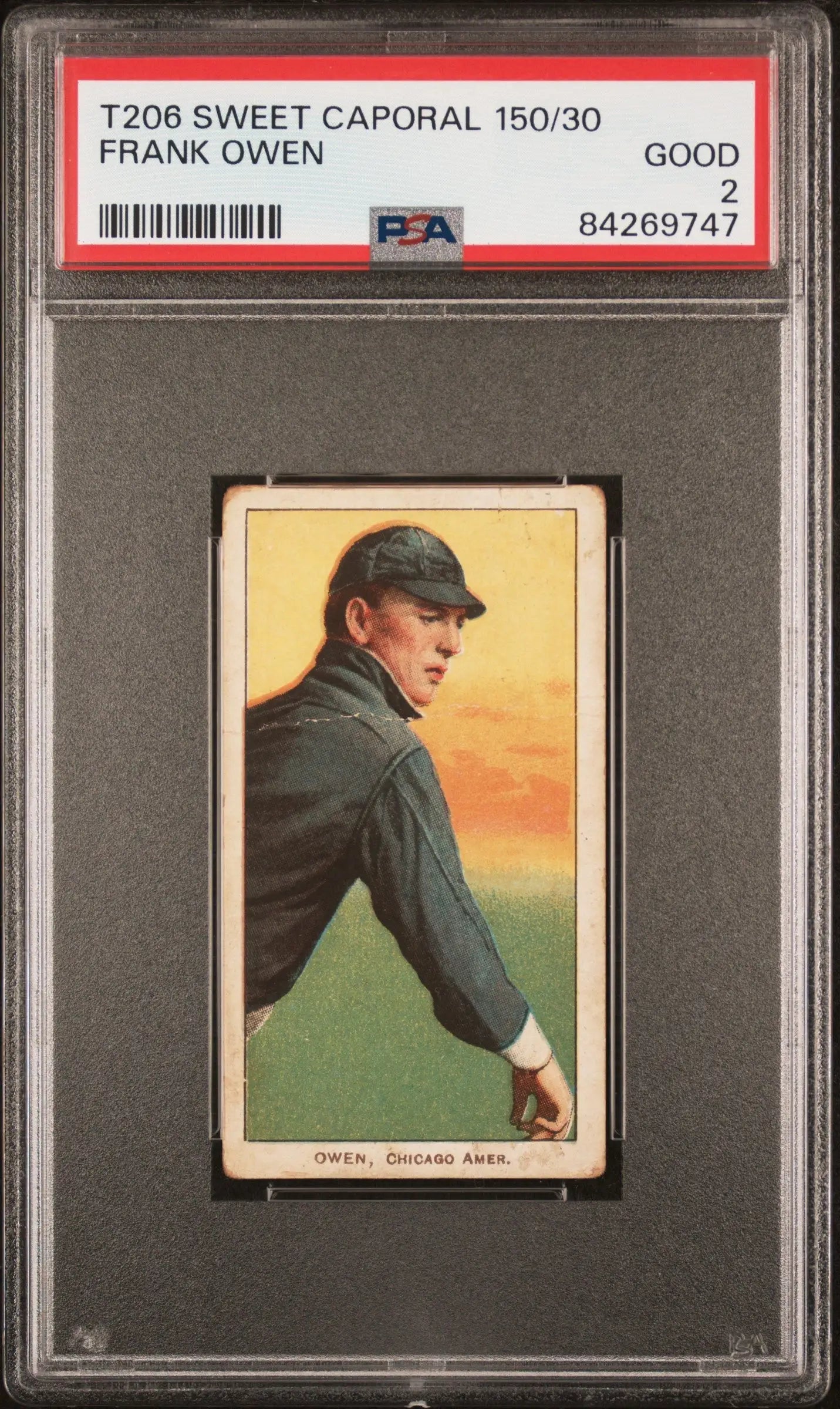 PSA-graded T206 Sweet Caporal Frank Owen baseball card with sunset backdrop