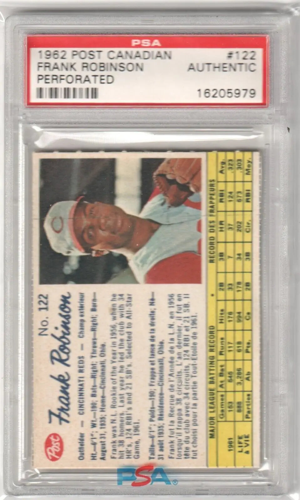 Graded Frank Robinson baseball card from 1962 Post Canadian PSA Authentic Reds by Columbia Hobby