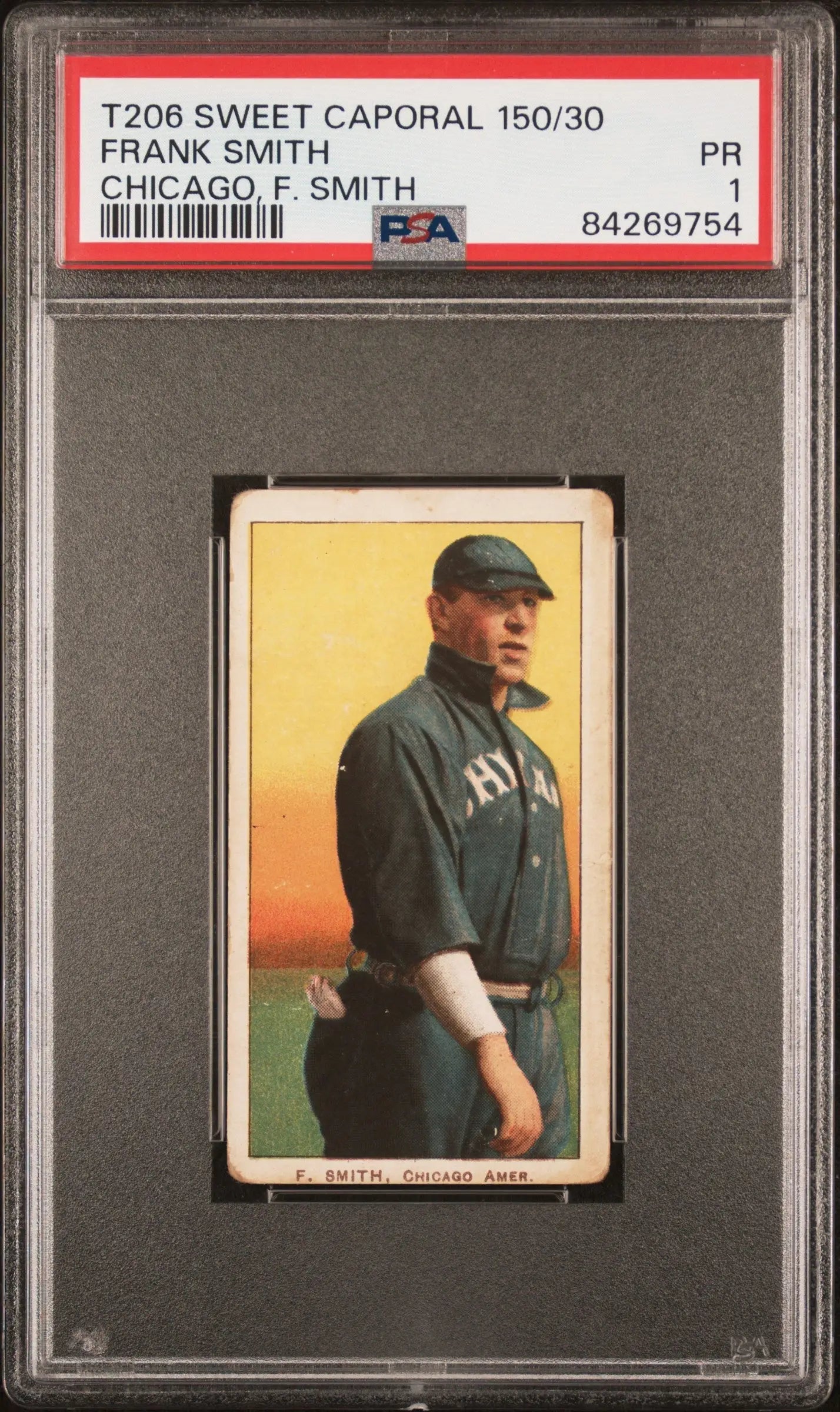 PSA-graded T206 Sweet Caporal card of Frank Smith in a dark uniform with yellow-orange background