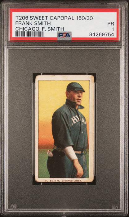 PSA-graded T206 Sweet Caporal card of Frank Smith in a dark uniform with yellow-orange background