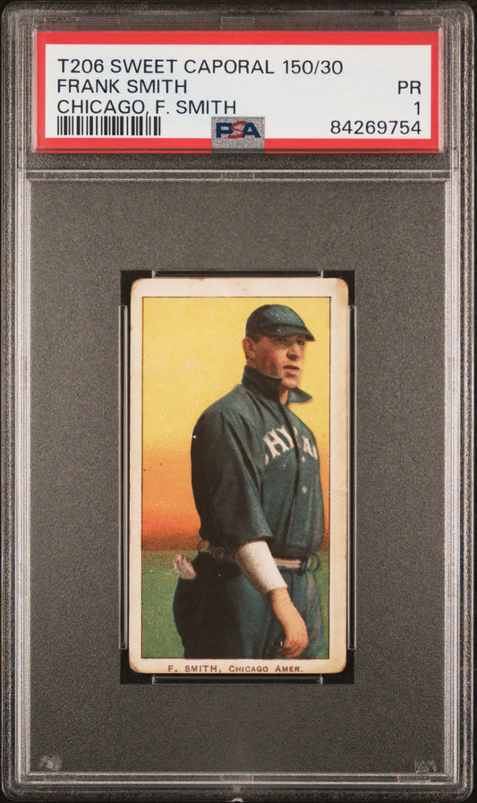PSA-graded T206 Sweet Caporal card of Frank Smith in a dark uniform with yellow-orange background