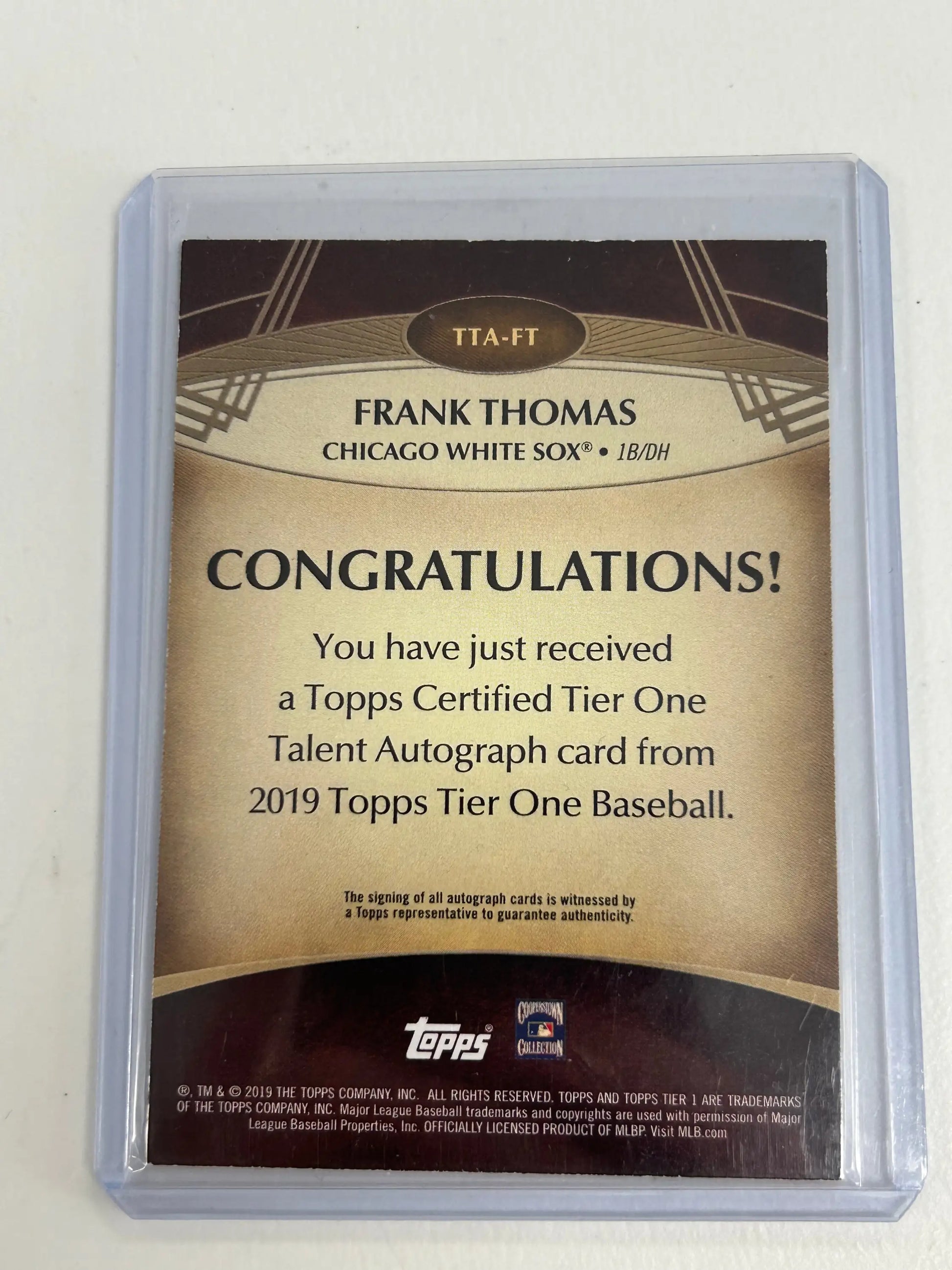 Frank Thomas baseball card featuring a rare Gold Ink Auto from 2019 Topps Tier One