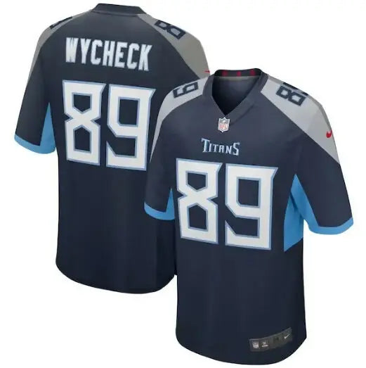 Dark blue and light blue Tennessee Titans jersey with number 89, Nike game retired player jersey
