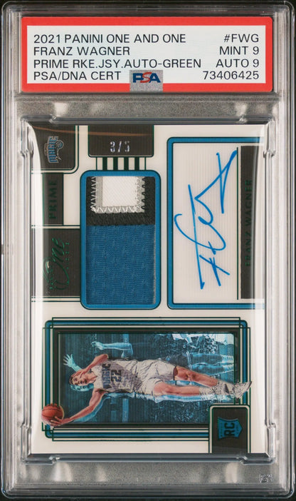 Franz Wagner 2021 Panini One and One Prime jersey auto green rookie card with auto PSA 9