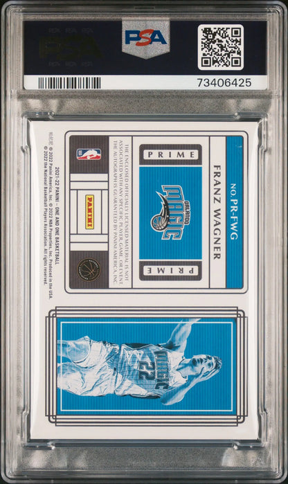 Graded Franz Wagner basketball trading card with jersey auto green and auto PSA 9