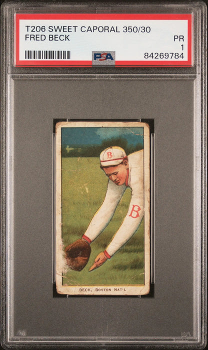 PSA-graded T206 Sweet Caporal Fred Beck baseball card in protective case for collectors