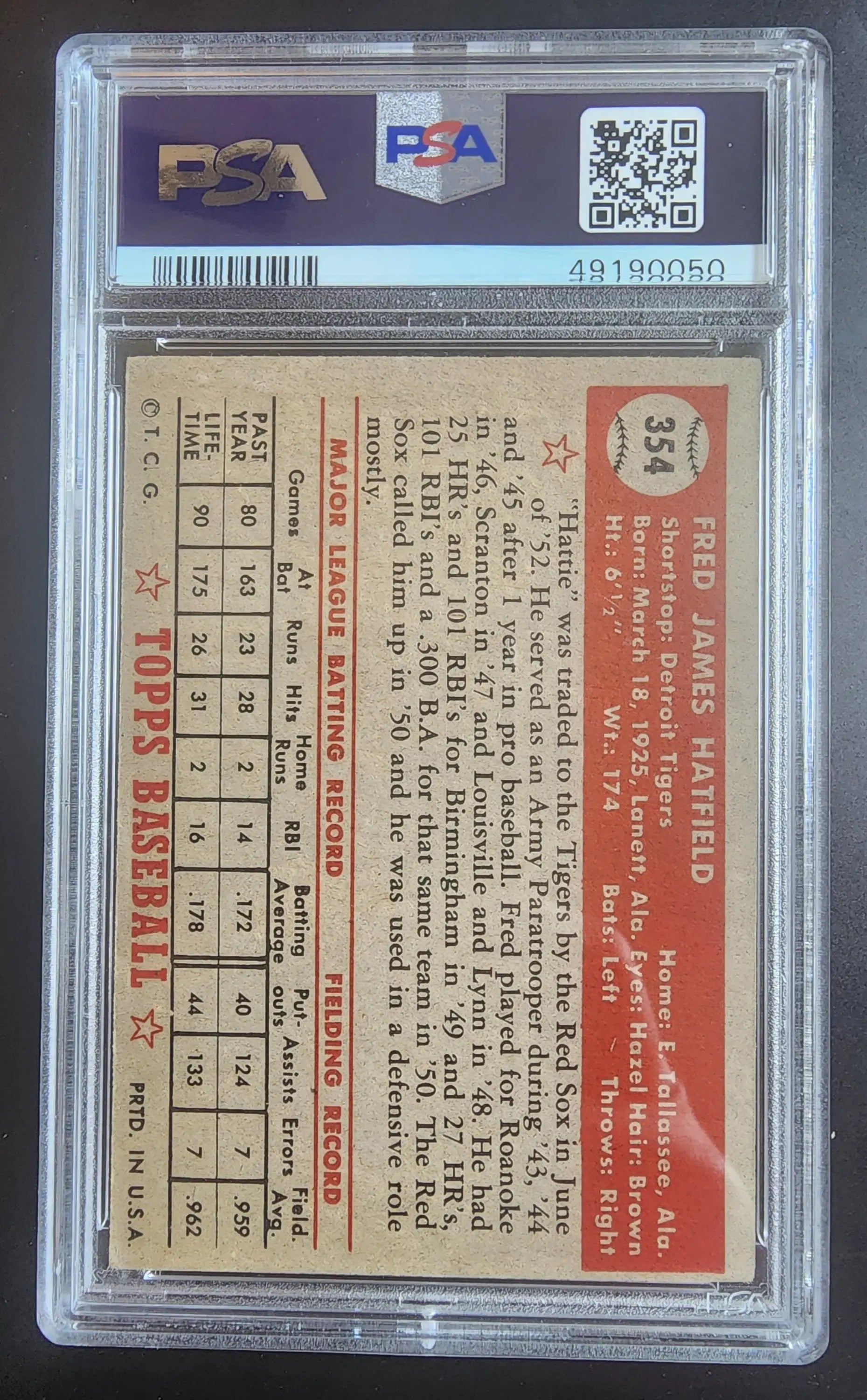Graded Fred Hatfield baseball card 1952 Topps #354 PSA 5 collectible product