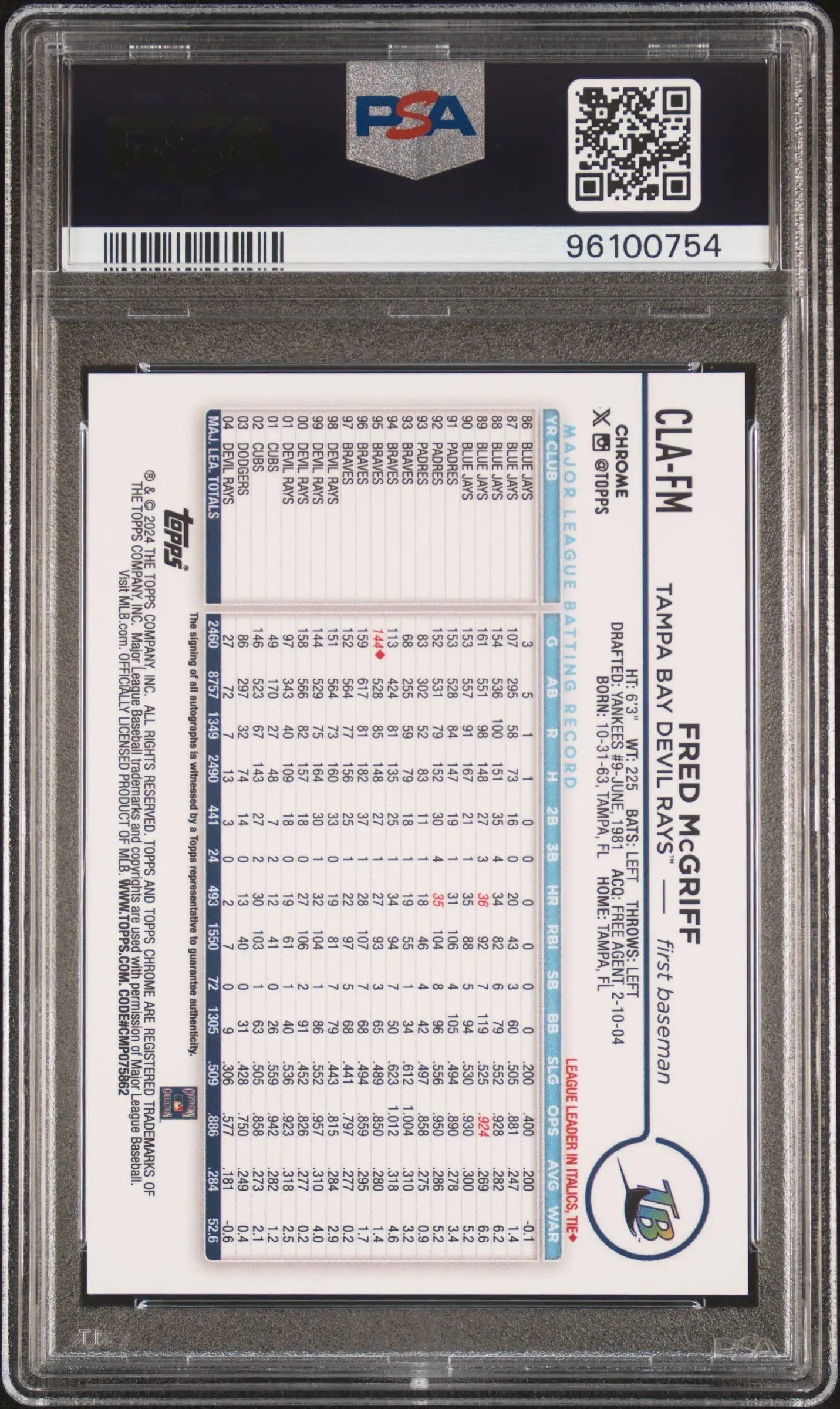 Fred McGriff 2024 Topps Chrome Legends Auto card with graded 1999 Topps Chrome Fred McGriff baseball card