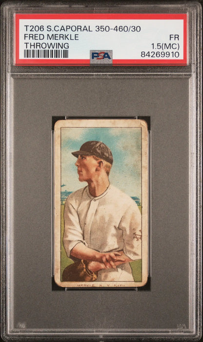 PSA-graded T206 Sweet Caporal card of Fred Merkle in a white uniform with brown cap