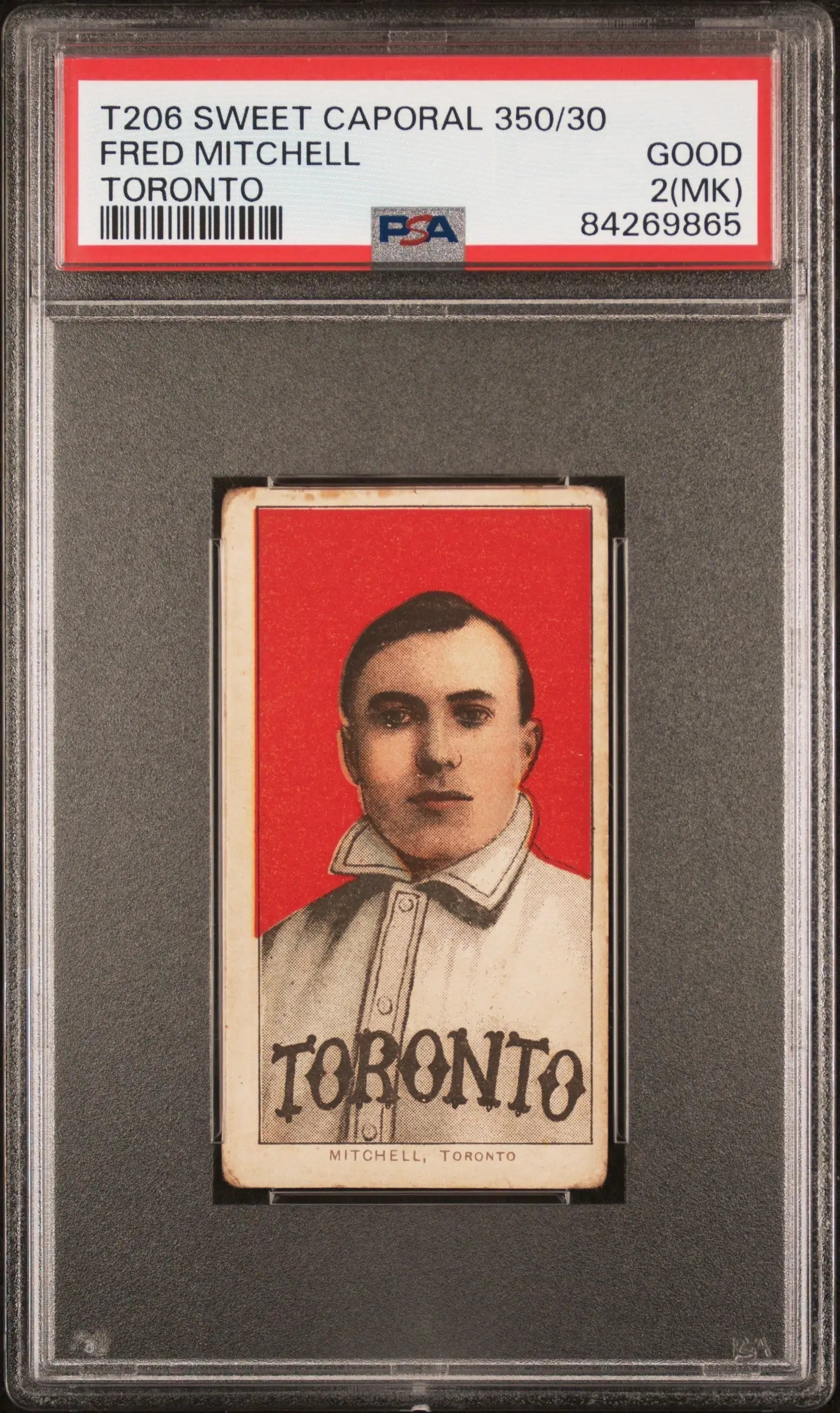 PSA-graded T206 Sweet Caporal card of Fred Mitchell with red background