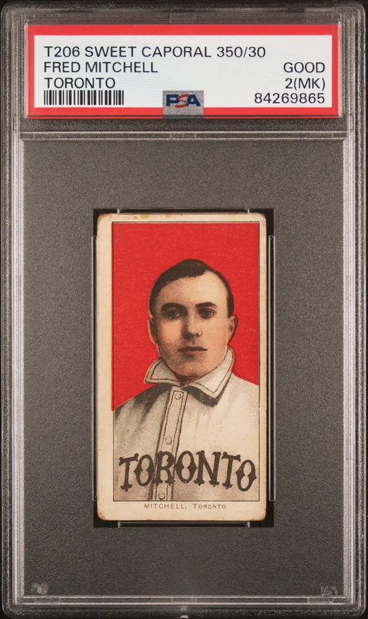 PSA-graded T206 Sweet Caporal card of Fred Mitchell with red background