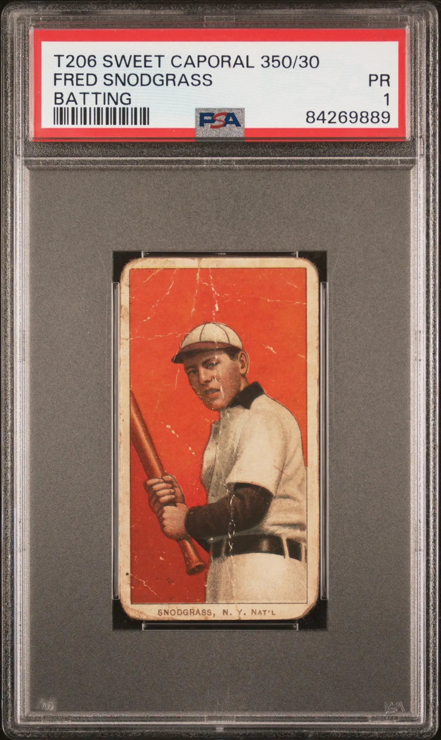 PSA-graded Fred Snodgrass T206 Sweet Caporal baseball card with orange background
