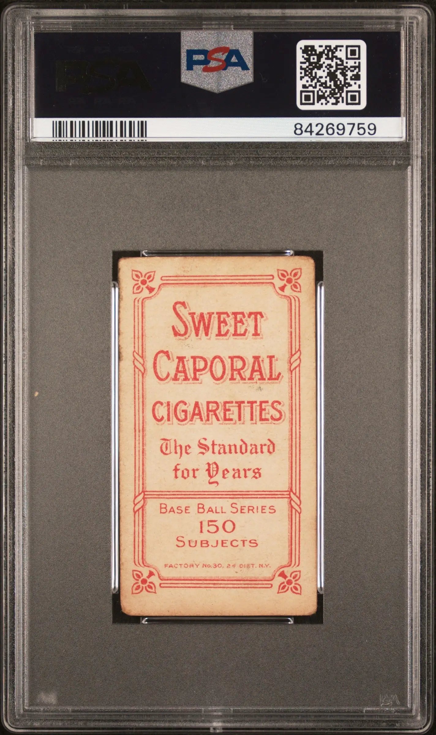 PSA-graded Fred Tenney 1909-11 T206 Sweet Caporal cigarette card with red text