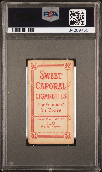 PSA-graded Fred Tenney 1909-11 T206 Sweet Caporal cigarette card with red text