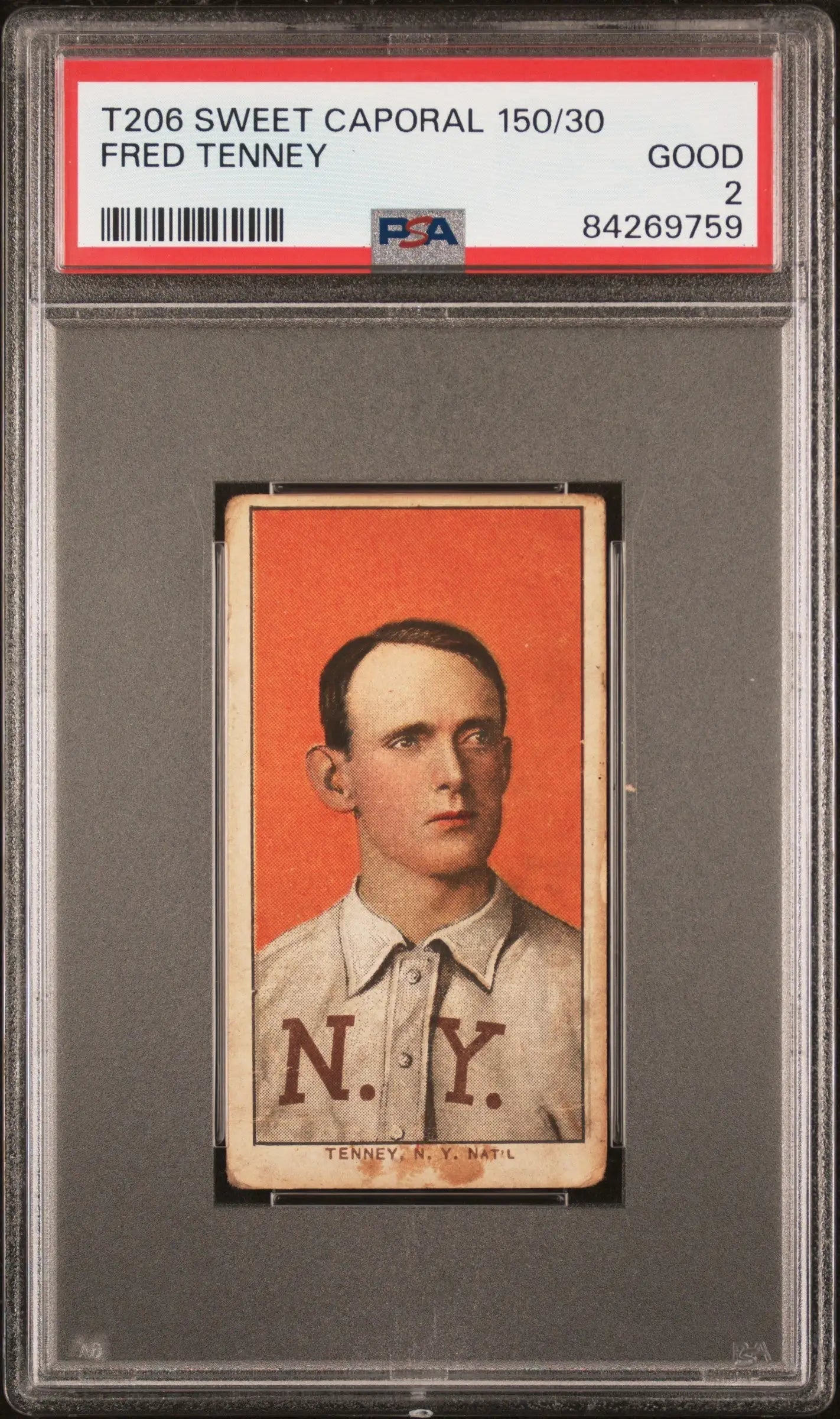 PSA-graded T206 Sweet Caporal card of Fred Tenney in New York uniform on orange background