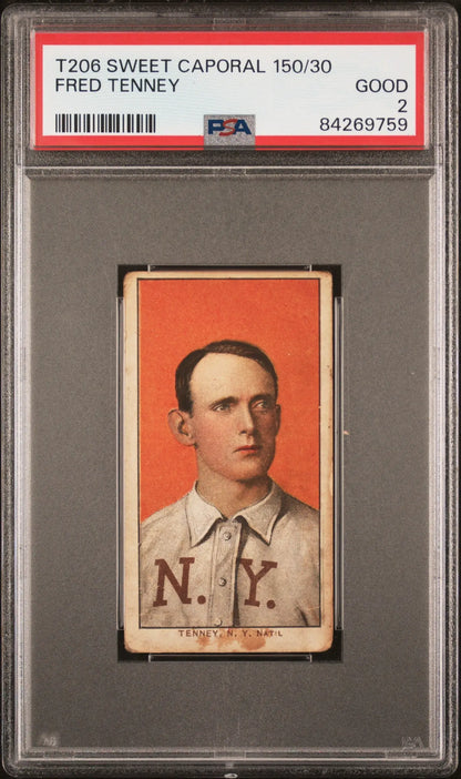 PSA-graded T206 Sweet Caporal card of Fred Tenney in New York uniform on orange background