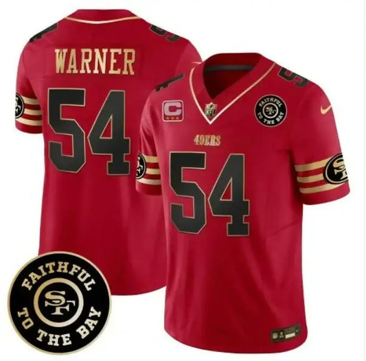 Red San Francisco 49ers jersey with Warner 54 name and Faithful to the Bay patch