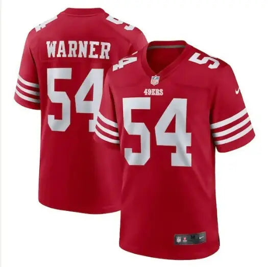 Two red San Francisco 49ers Nike Player Game Jerseys with white numbers and lettering