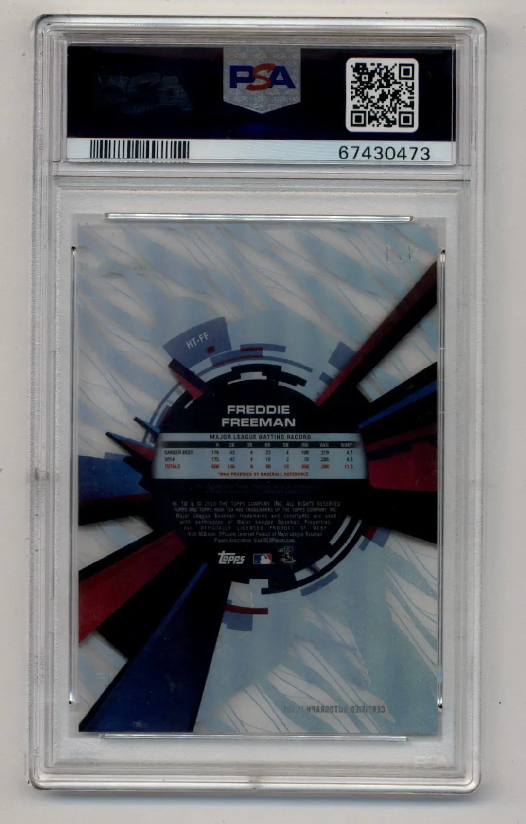 PSA-graded Freddie Freeman 2015 Topps High Tek Yellow Printing Proof Auto in protective case