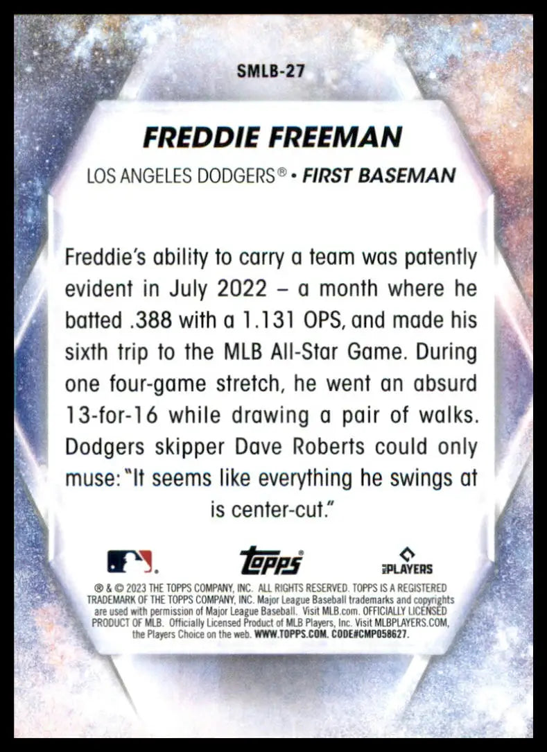 Baseball card back featuring Freddie Freeman from 2023 Topps Stars of MLB