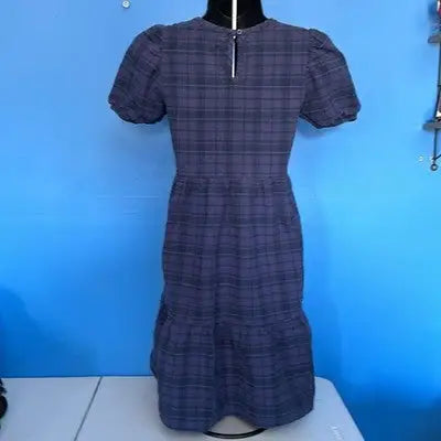 Free Assembly girls plaid dress in navy blue with tiered midi design and back zipper