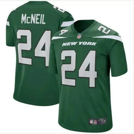 Green New York Jets Nike game jersey with Freeman McNeil number 24 for Jets Nike game fans