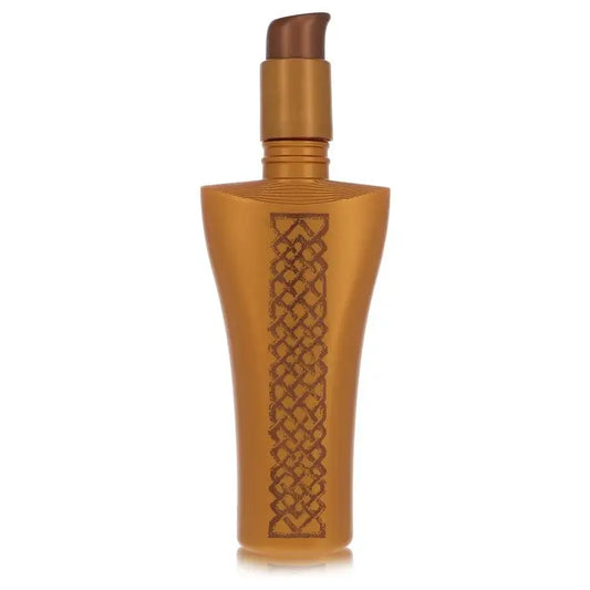 Golden pump-dispenser bottle with Celtic knot design for Nicole Miller body lotion