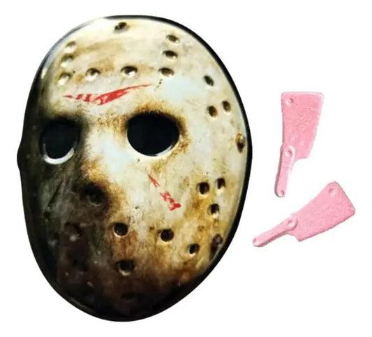 Hockey-style mask with red markings from Friday the 13th on Sour Cherry Candy Cleavers Tin
