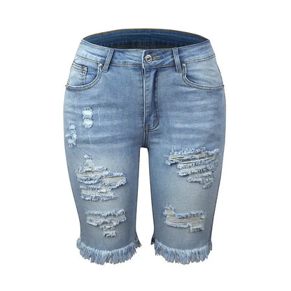 Light blue distressed denim shorts with frayed hems showcasing ripped holes and high elasticity