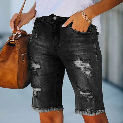 Women’s black distressed denim shorts with ripped holes and fringed high elasticity