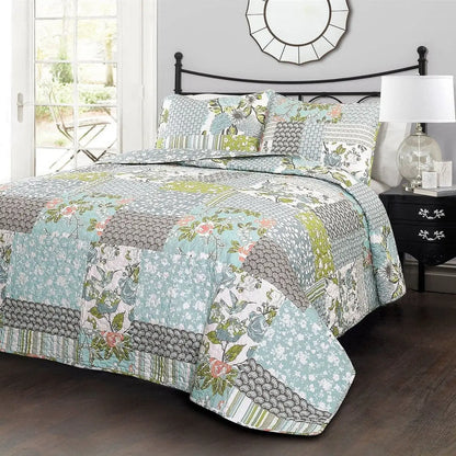 Full/Queen Boho Floral Blue Cotton Lightweight Quilt Set - Quilts & Blankets