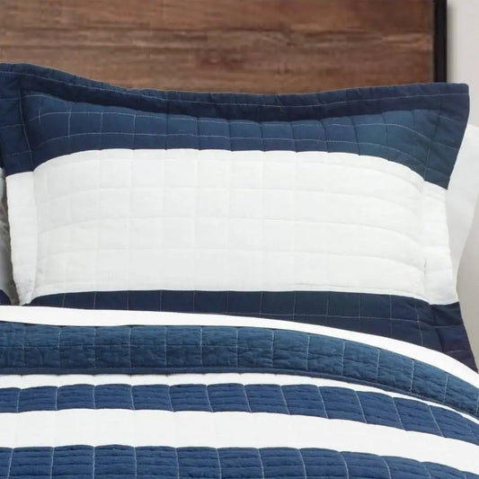 Full/Queen Navy White Stripe 3 Piece Cotton Lightweight Quilt Set - Quilt Set